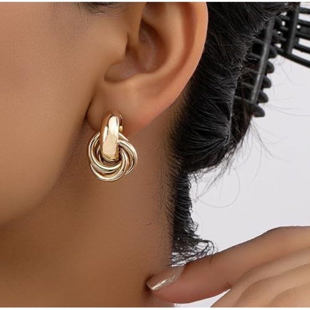 Gold Interlocking Knot Hoop Earrings Textured Multi Layer Circle Studs